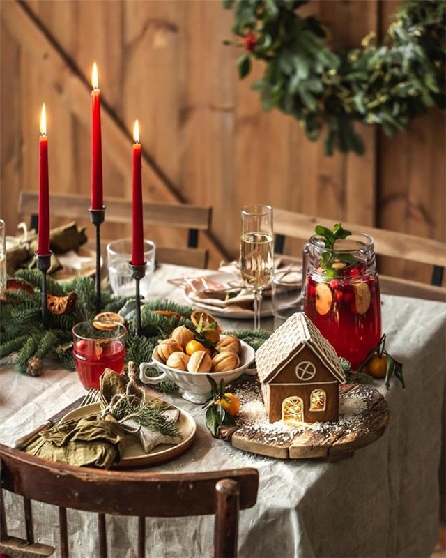 maison noel ingefära traditionellt julbord bambu rund tallrik röda ljus bord mittpunkt granar