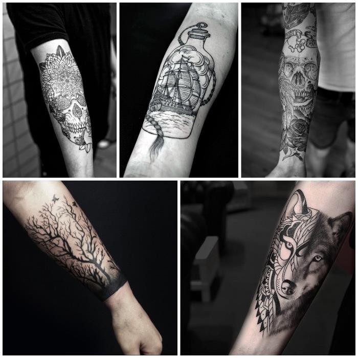 mandalaskallar, segelfartyg, geometrisk varg, sida vid sida foton, tatueringsidéer under armarna