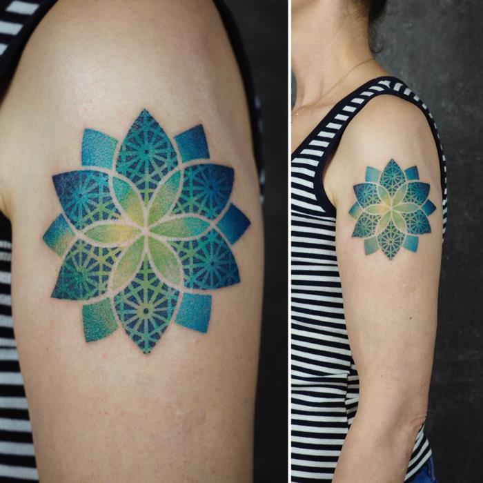 Originálne tetovanie na paži, úžasné originálne prevedenie tetovania a originálne farebné mandaly