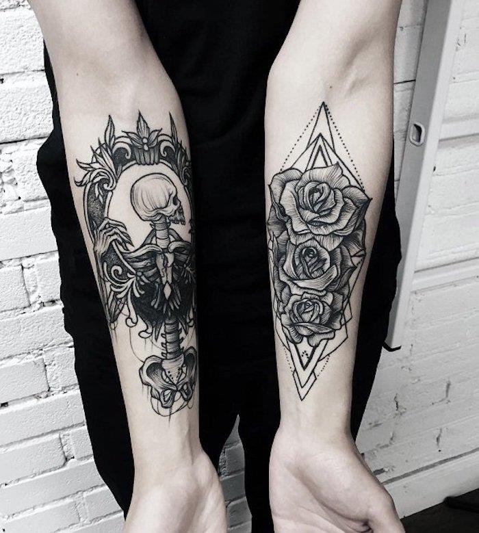 Tattoo uomo braccio con due disegni sull'avambraccio con scheletro e rose