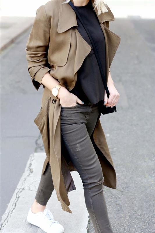 monochromatický vzhľad kamkoľvek s khaki kabátom s plynulým výstrihom, čiernym tričkom a sivým strihom