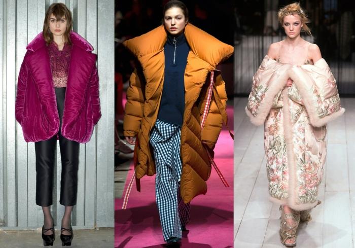 zimný štýl 2018, nadrozmerná teplá dámska páperová bunda, veľký golier, orgován, okrová, vyšívaný ružový kabát