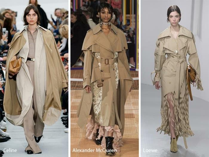 prezentácia kolekcie Alexander McQueen, béžové trenčkoty, sivobiele kabáty a volánové šaty