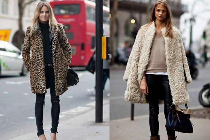 dve ženy v trendových kabátoch, leopardom kabáte, čiernych legínach, čiernych taškách