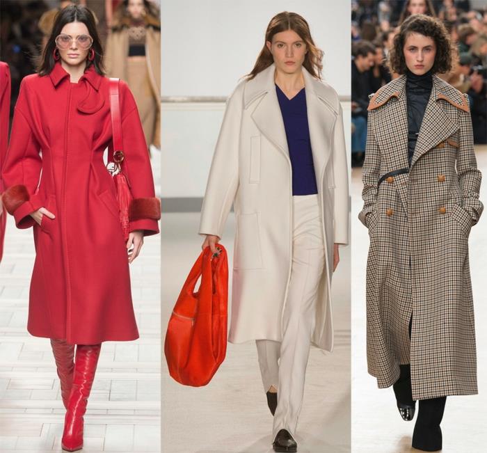 dlhé, ženské kabáty, veľká oranžová taška, červené čižmy nad stehná, dlhý hranatý trenčkot, biely trenčkot