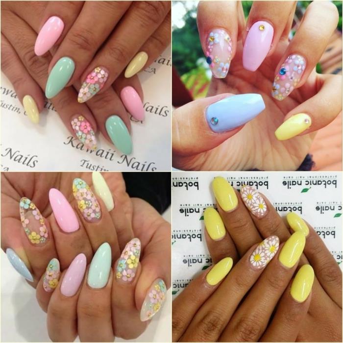 blommig nageldesign, sommarnageldesign, gula och vita prästkragar, spetsiga naglar och ballerinor