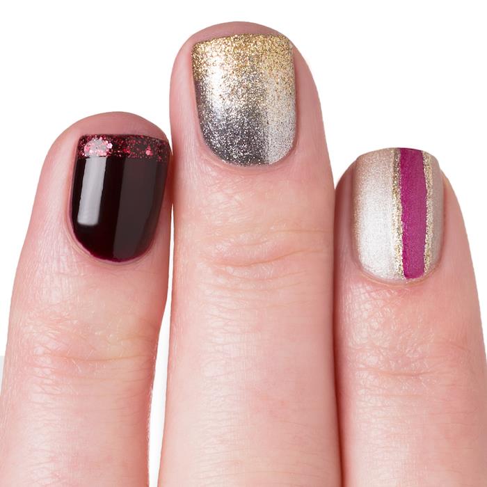 jednoduchá vianočná manikúra, bordový, strieborný a zlatý lak na nechty, fialová linka, jednoduchý model nail art