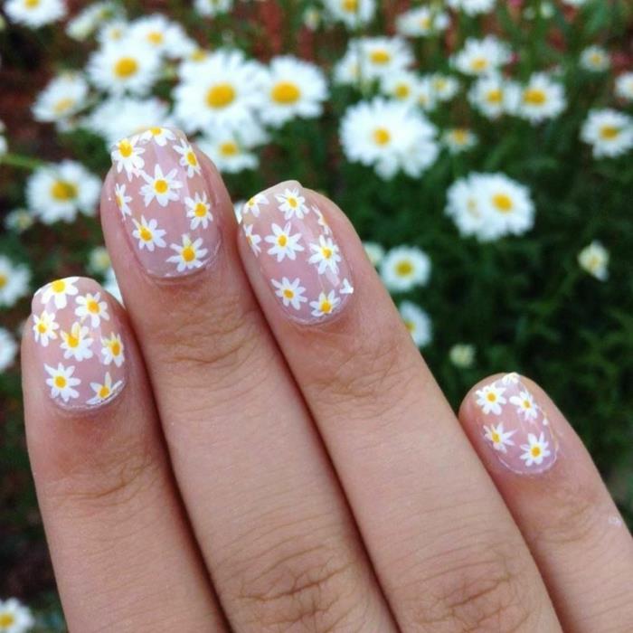 naglar nail art prästkragar, feminin manikyr med blommor i rött och vitt på en ljusrosa bakgrund