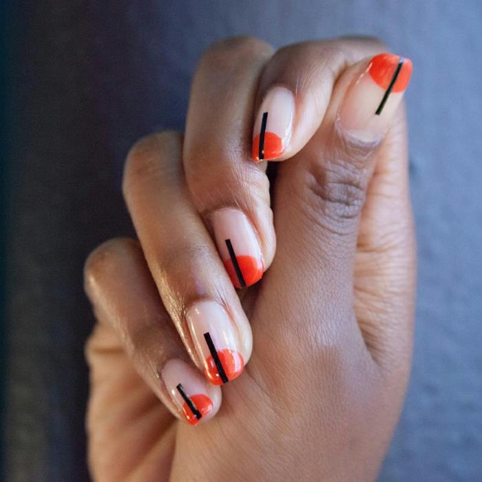 orange och rosa nageldesign, sommarmanikyr i flamboyanta färger, sommargelspik