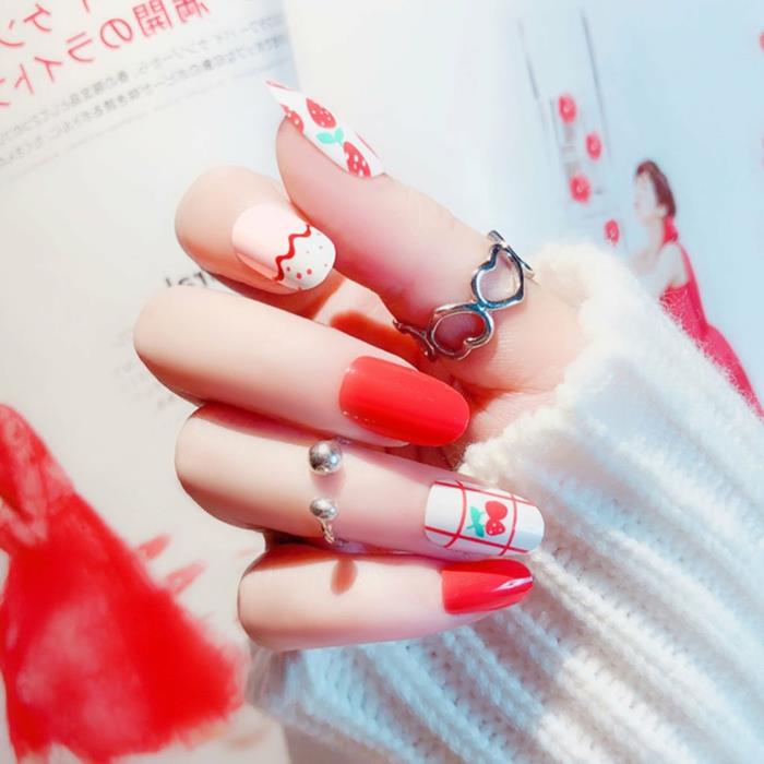 manikyr i rött och vitt, sommarfrukt nagel deco, sommar gel nagel, grafiska mönster, vit tröja, falangring