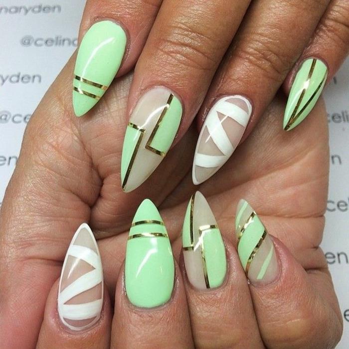 mintgrön och vit manikyr, strass naglar, mandel manikyr, grafisk nageldesign