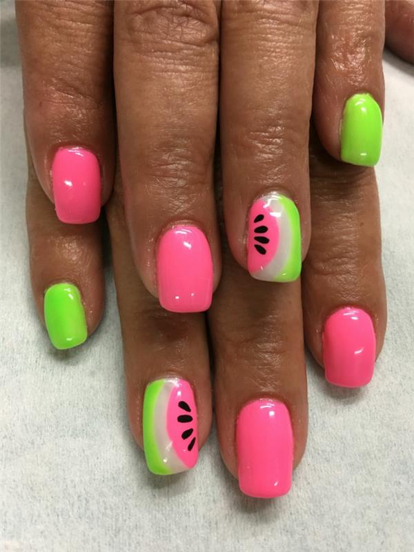 sommar nagelkonst idé i rosa och grönt, vattenmelon, fyrkantiga naglar, sommar gel nageldesigner