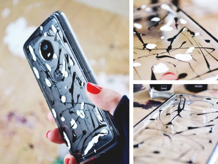 hur du dekorerar ditt genomskinliga telefonfodral med vitt och svart nagellack för att skapa ett snyggt fodral