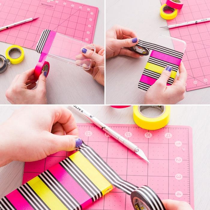 enkelt DIY -projekt för att anpassa iPhone 6 -fodral med rosa och gult washi -tejp, hur man dekorerar en bärbar dator med färgat tejp