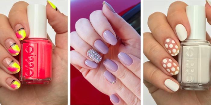 manikyr i rött och gult, neon nagellack, lila manikyr, prickig manikyr