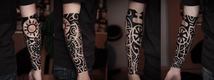 Tattoo avambraccio con motivi e disegni maori, il braccio di un uomo tatuato a manica