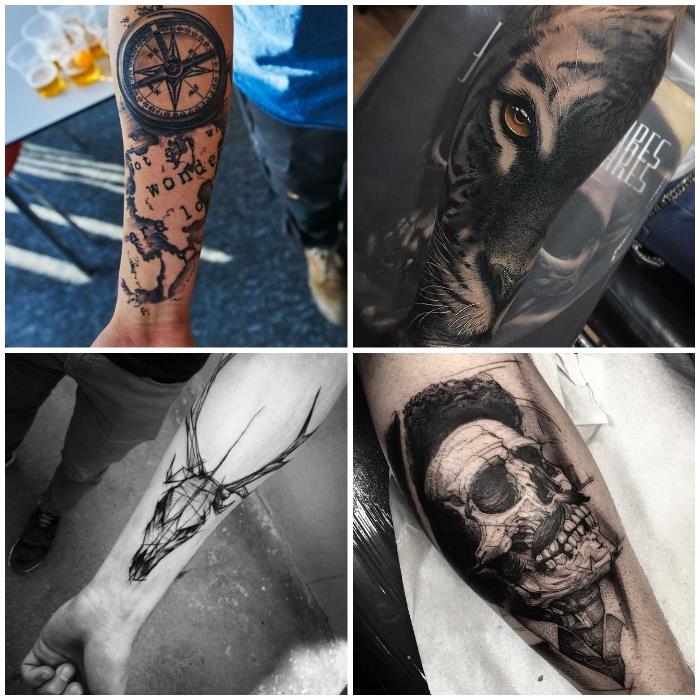 kompass, skalle, tiger och rådjur, flera idéer om tatueringar för män på armen