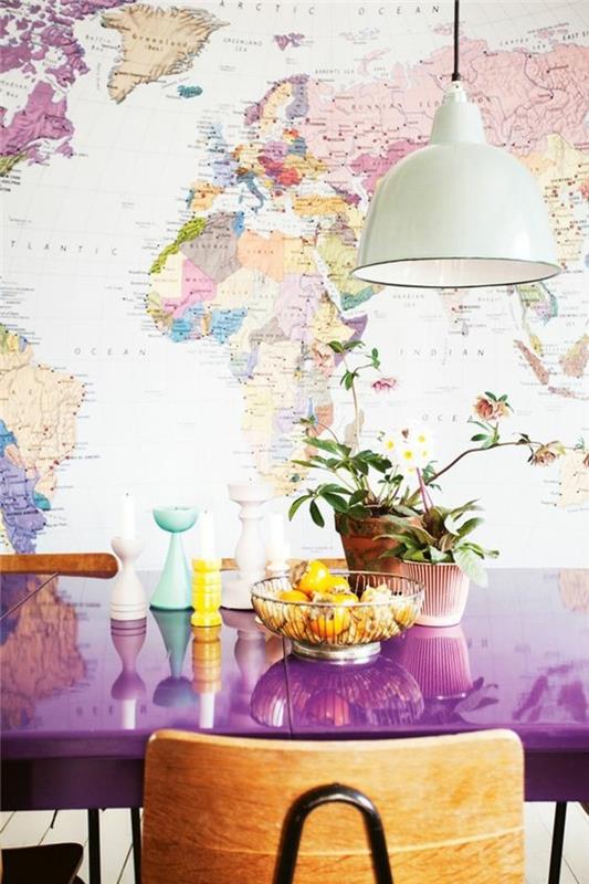 العالم-خريطة-ملصق-الأرجواني-غرفة الطعام-الجدول-الأبيض-المطبخ الخفيفة