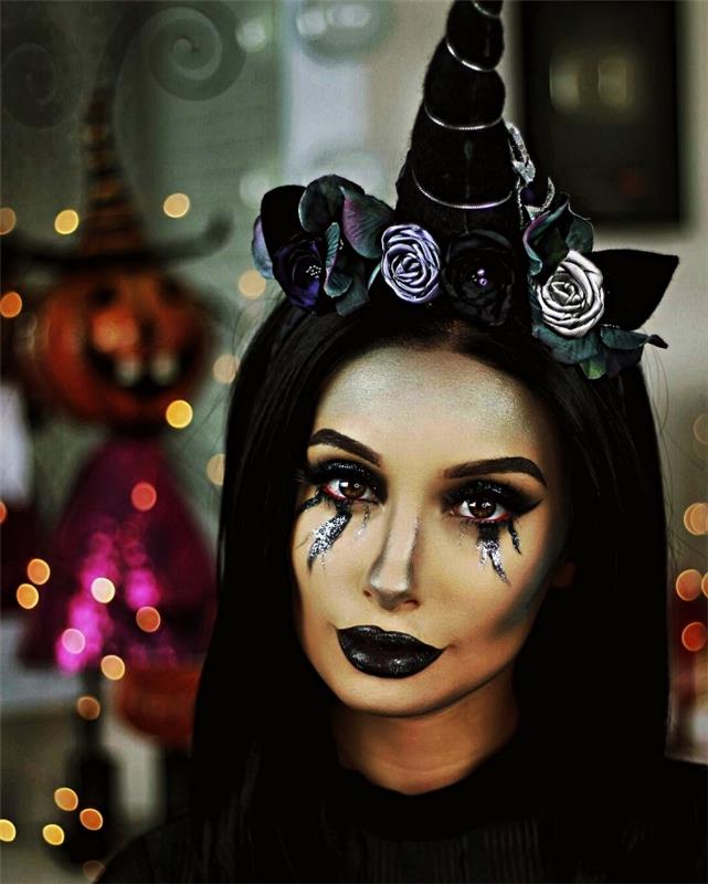 enhörning halloween smink med svarta tårar och svart mun, svart pannband enhörningstillbehör dekorerat med falska blommor