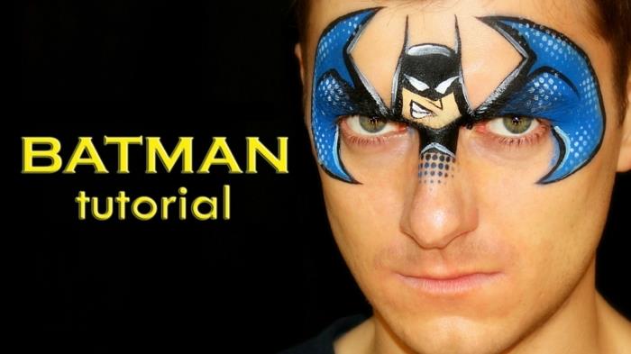 minimalistisk pojke halloween smink, batman figur i ansiktet, original man makeup idé