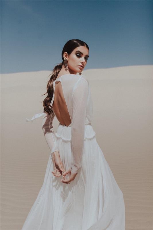 original bröllopsklänning idé, material för brudcouture material 2019, vit klänningsmodell med genomskinliga ärmar