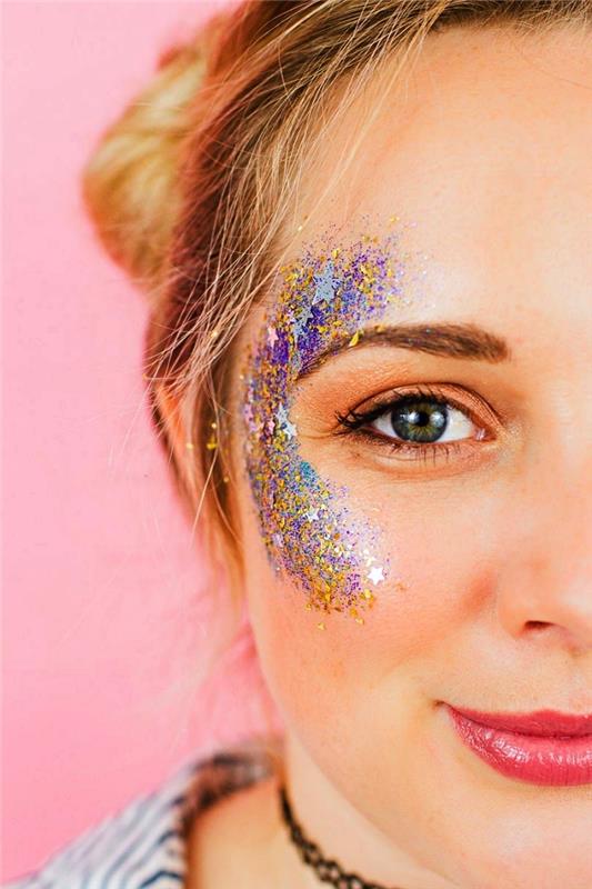 glittermakeup för en sista -minuten -halloween -look, enhörningssmink med glitter på kindbenen och ovanför ögonbrynen