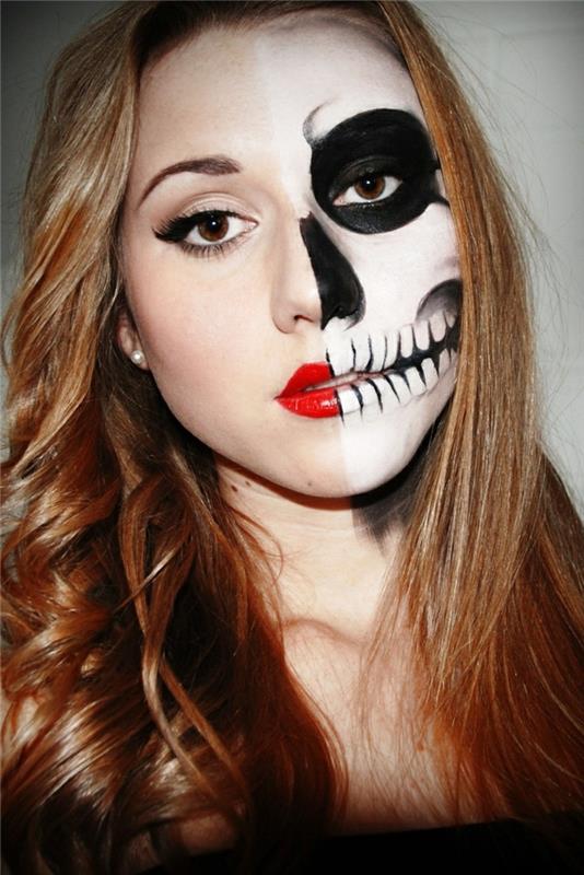 jednoduchý halloweensky makeup, žiarivý rúž, monochromatické zuby, čierna očná linka