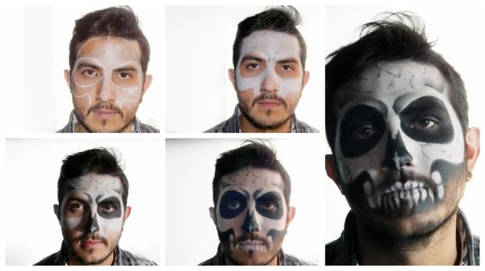 hur man gör enkel halloween smink, ansikte som låtsas vara en skalle, svartvitt ansiktsmålning
