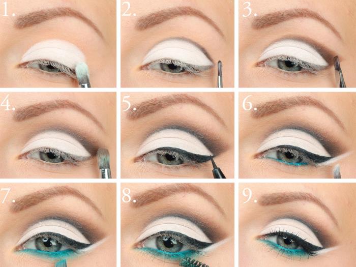 ako aplikovať očný make -up, kroky na nanesenie bielych očných tieňov s čiernymi a modrými očnými linkami