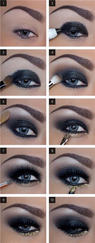 ako urobiť make -up na tmavé oči, kroky na nanesenie tmavých očných tieňov pomocou trblietavých očných liniek