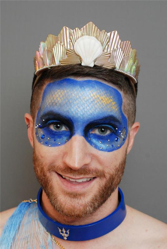 ansiktsmålning, tiara, ansiktsmask målad med blå spray, halsband