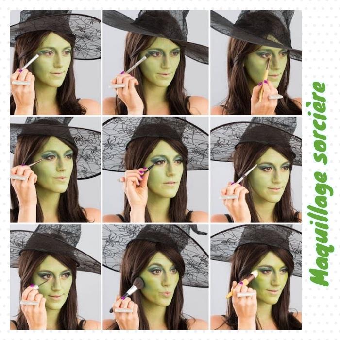 hur man gör en enkel häxmakeup för halloween, ansiktet ommålat i grön färg med gröna ögonskuggor och smaragdkonturer