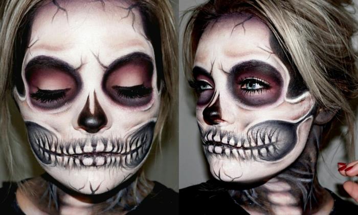 žena s kostrovým make -upom, desivými zubnými perami, čiernou očnou linkou, ružovou farbou okolo očí, veľkými tmavými kruhmi