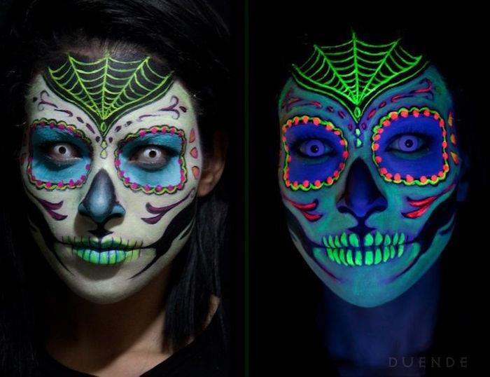 Skalle makeup fluorescerande färger skelett kvinna
