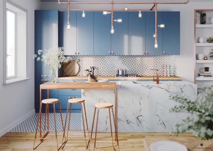 Svetlomodrá a mramorová kuchyňa trend 2020, farebná kombinácia, ktorú si vyrobíte vo svojom modernom priemyselnom lustrovom dome