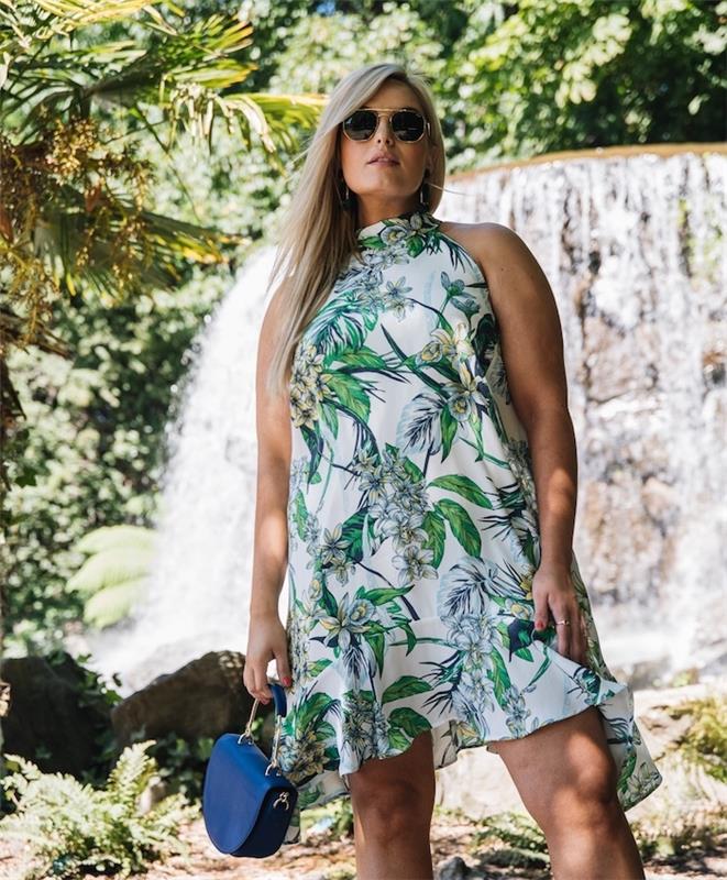 plus size letné šaty pre ženy, plus size koktejlové šaty so zelenou kvetinovou potlačou, trendové slnečné okuliare