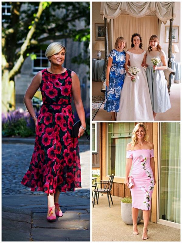 rustik brudklänningsmodell med blommigt tryck och midi -längd, lantlig klänning för brudens mamma