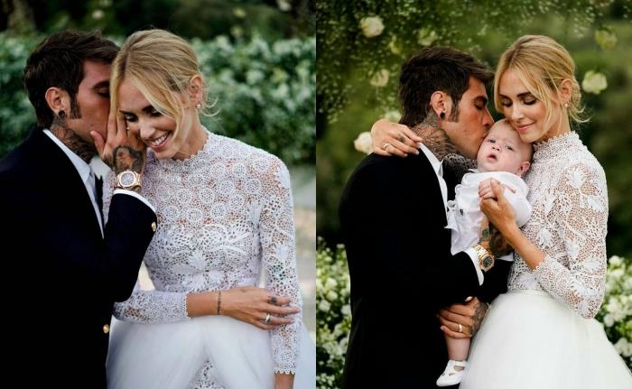 svadobný obrad Chiara Ferragni a Fedez, svadobné šaty od blogerky Chiary Ferragni s dlhým rukávom a bielou tylovou sukňou