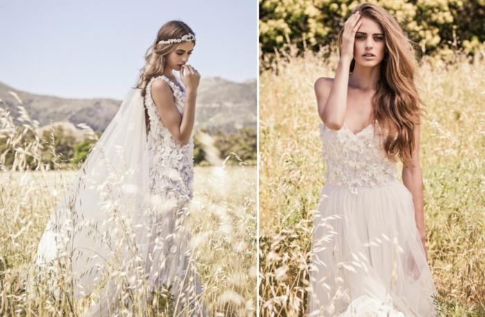 originálne svadobné šaty, dlhý závoj, splývavé svadobné šaty, pšeničné pole