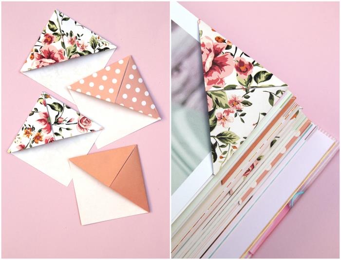 nápad na pekný doplnok na čítanie papiera, jednoduchú záložku do origami vyrobenú z pekného papiera s vintage potlačenými vzormi