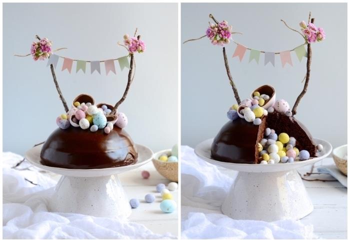 lätt och gourmet choklad påsk tårta recept, choklad kupol som döljer påskägg i sitt hjärta, dekorerad med en naturlig tårta topper av trä kvistar och blommor