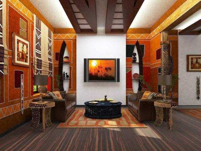 Afrikanskt landskap-tiger-orange-trä-mönstrat-möbler