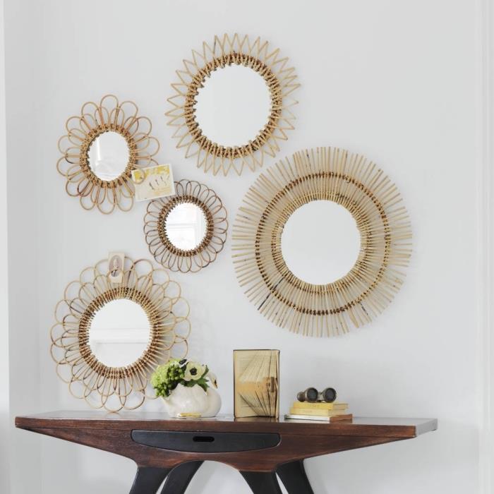 فكرة مرآة زخرفية في شكل بيضاوي ، مرايا ألياف نباتية ذاتية الصنع بتصميم شمسي ، زخرفة جدارية مع مرايا