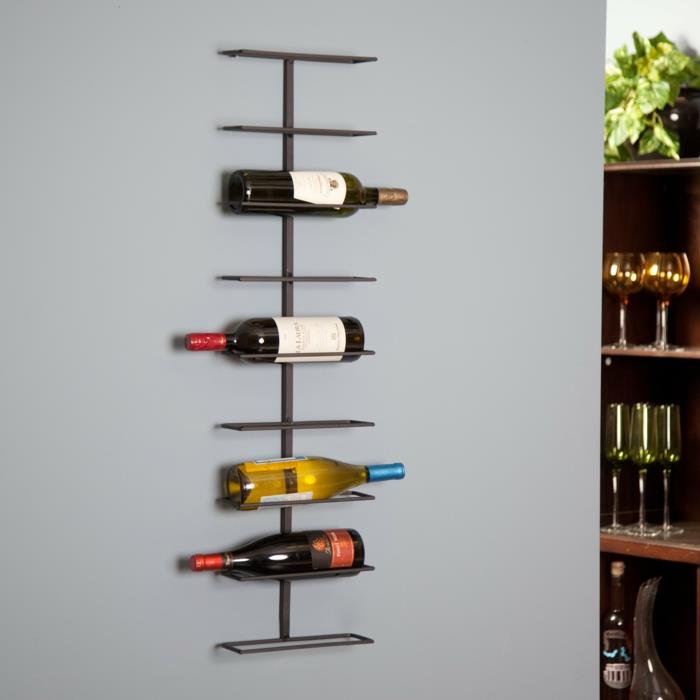 خزانة تخزين المطبخ ، فكرة تخزين المطبخ ، رفوف زجاجة النبيذ المعدنية السوداء ، جدار حبة الباستيل ، زجاجات النبيذ