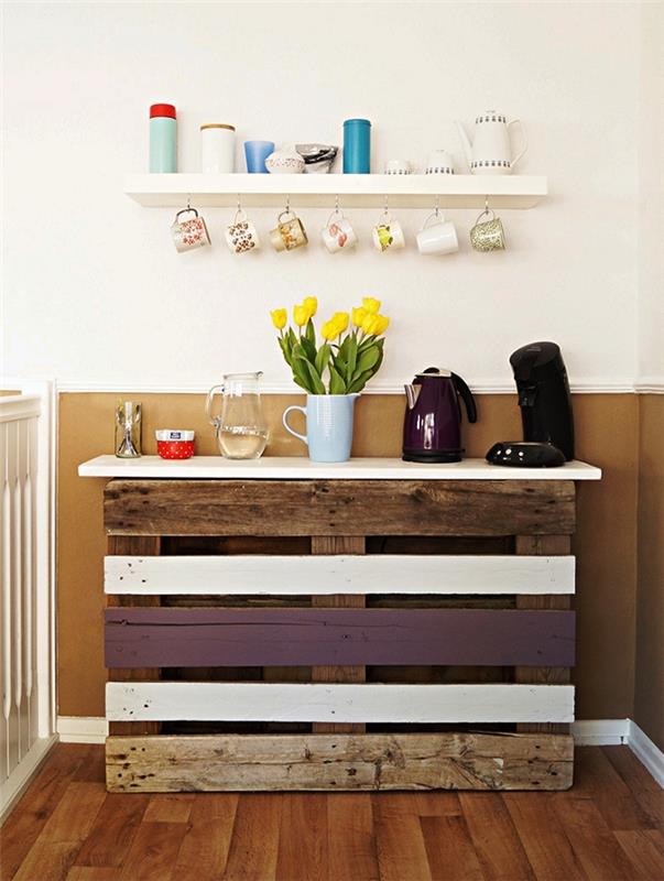 träpallskåp för köket, DIY köksförvaringsskåp, kaffehörn med återvunnen pall, öppen hylla och kopphållare