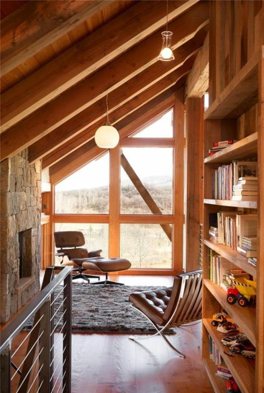 Podkrovný-drevený-chata-štýl-interiér-policový-nábytok