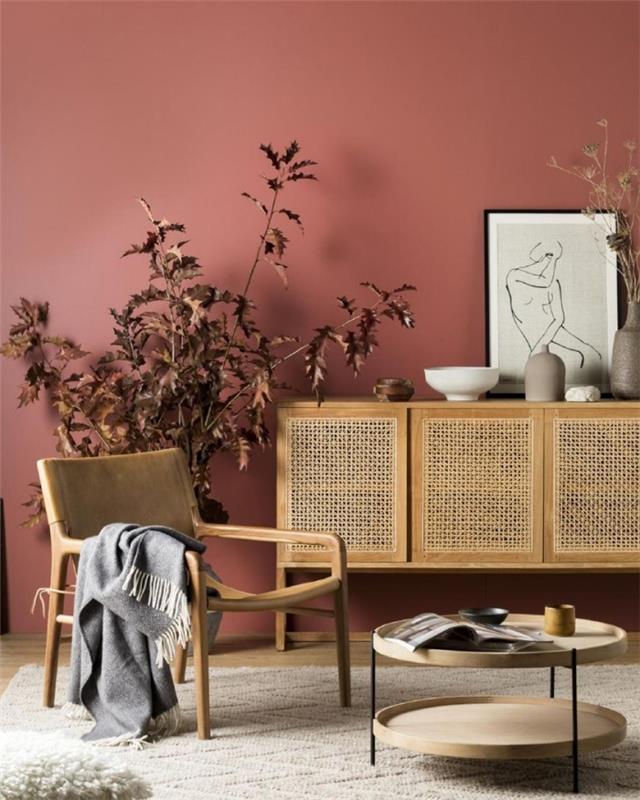 nábytok z prírodného vlákna drevená stolička dvojitý stôl drevená doska čierne kovové nožičky farba do obývačky moderná terakotová stena
