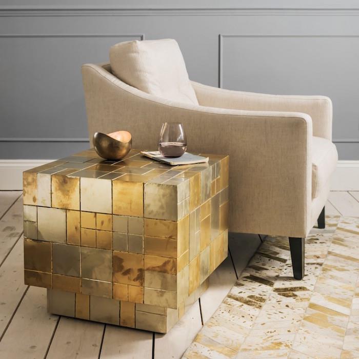 طاولة قهوة فاخرة بتصميم ذهبي ، طاولة غرفة معيشة صغيرة معاصرة على شكل مكعب