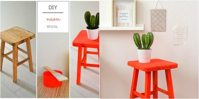nábytok prerobený predtým po ňom, stolička premaľovaná neónovou červenou farbou, kaktus v bielom kvetináči, jednoduché kutilstvo