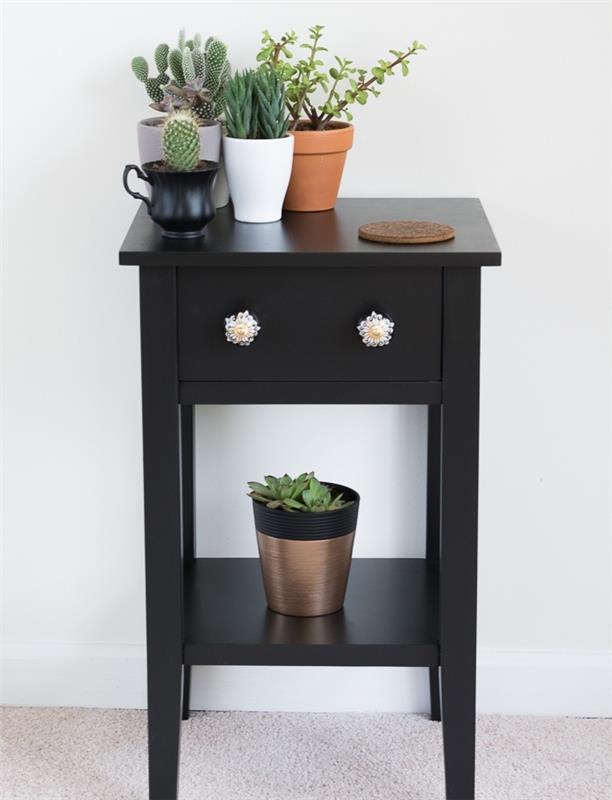 prepracovaná skriňa, príručný stolík prekreslený na čierno s gombíkmi zásuvky, poličkou a zelenými rastlinami